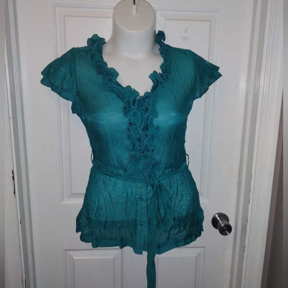 🆕️Y2K Blue Satin Pleated Blouse w. Ruffles Sz XL NWT - Picture 1 of 7